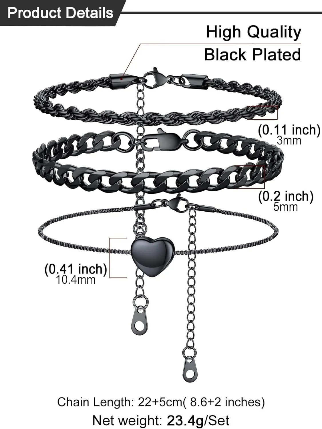 U7 2Pcs/3Pcs Ankle Bracelets for Women, Stainless Steel Cuban Link/Figaro/Rope/Heart Chain Anklets Sets,Waterproof Layered Anklets Adjustable 8.5"-10.5"
