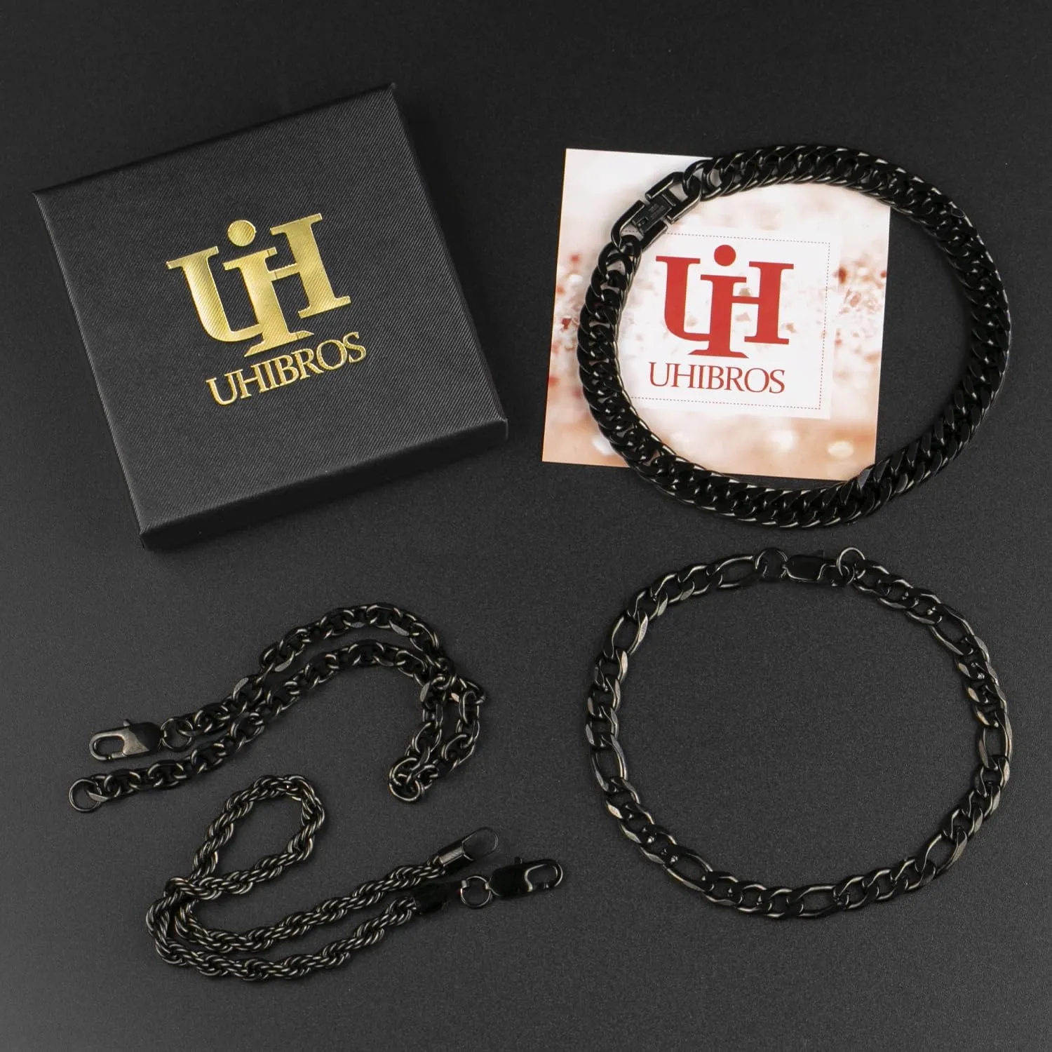 UHIBROS 316L Stainless Steel Chain Bracelet for Men Women, 18K Gold Sturdy Metal Link, Silver Black Cuban/Figaro/Paperclip/Rope Fashion Jewelry Set for Dad, Boyfriend, Husband, Girlfriend