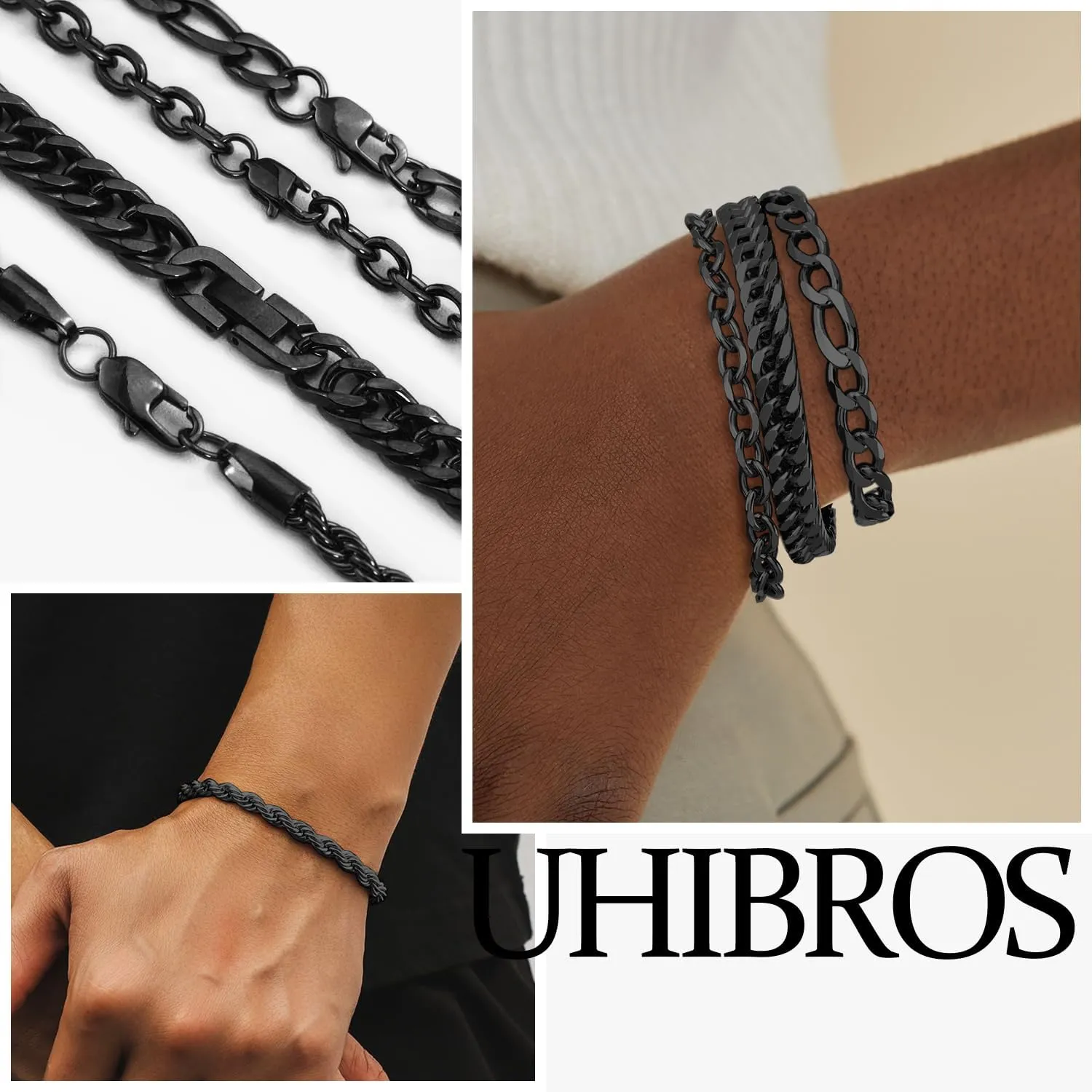UHIBROS 316L Stainless Steel Chain Bracelet for Men Women, 18K Gold Sturdy Metal Link, Silver Black Cuban/Figaro/Paperclip/Rope Fashion Jewelry Set for Dad, Boyfriend, Husband, Girlfriend