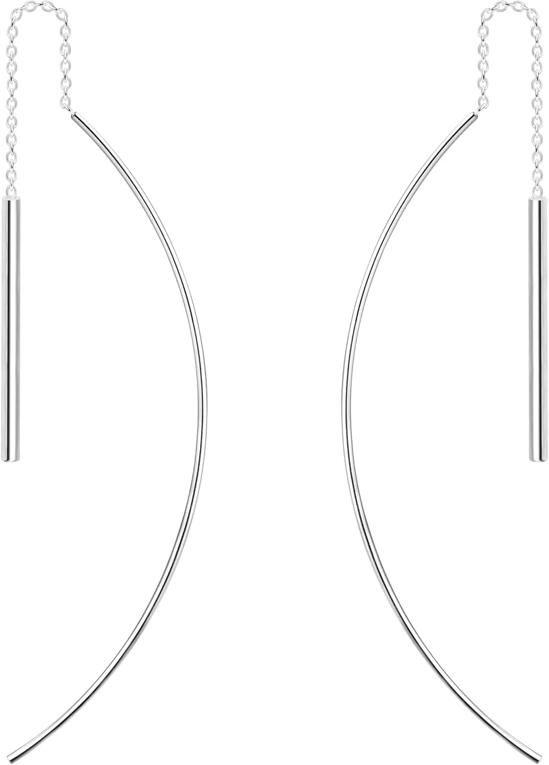 Unique Minimalist Sterling Silver Threader Earrings, Curving 3.5 Inch Dangle Drop Chain Bar, Statement Wire Design