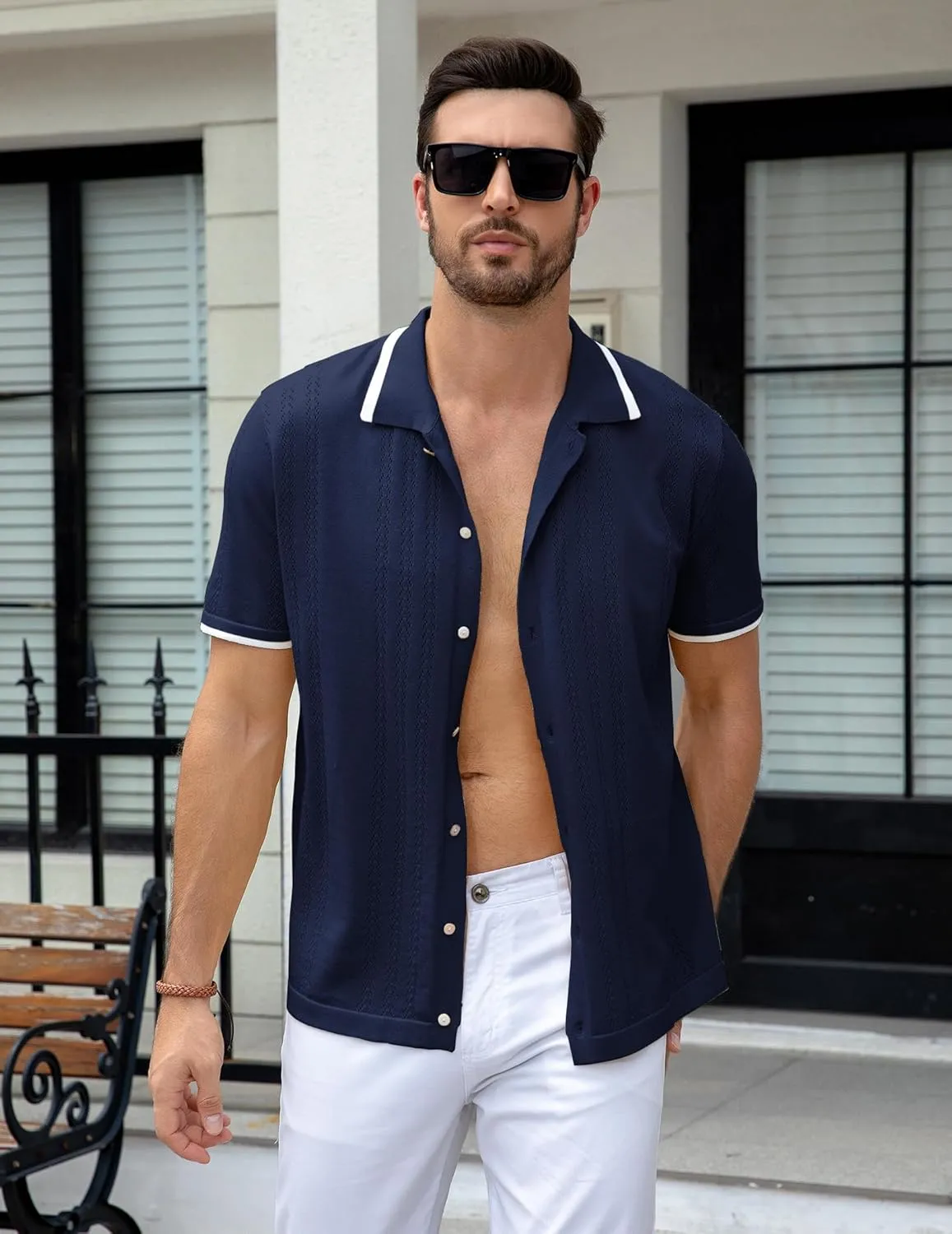 UOUA Men's Knit Button Down Shirt Short Sleeve Vintage Shirts Breathable Summer Beach Tops