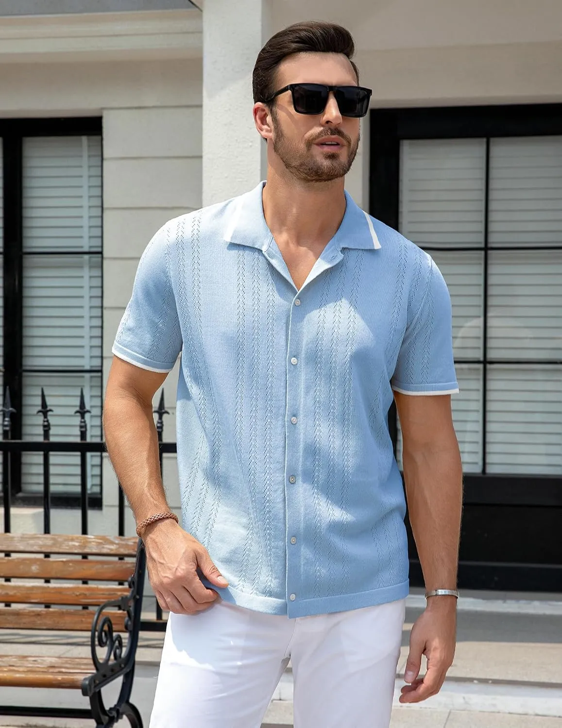 UOUA Men's Knit Button Down Shirt Short Sleeve Vintage Shirts Breathable Summer Beach Tops
