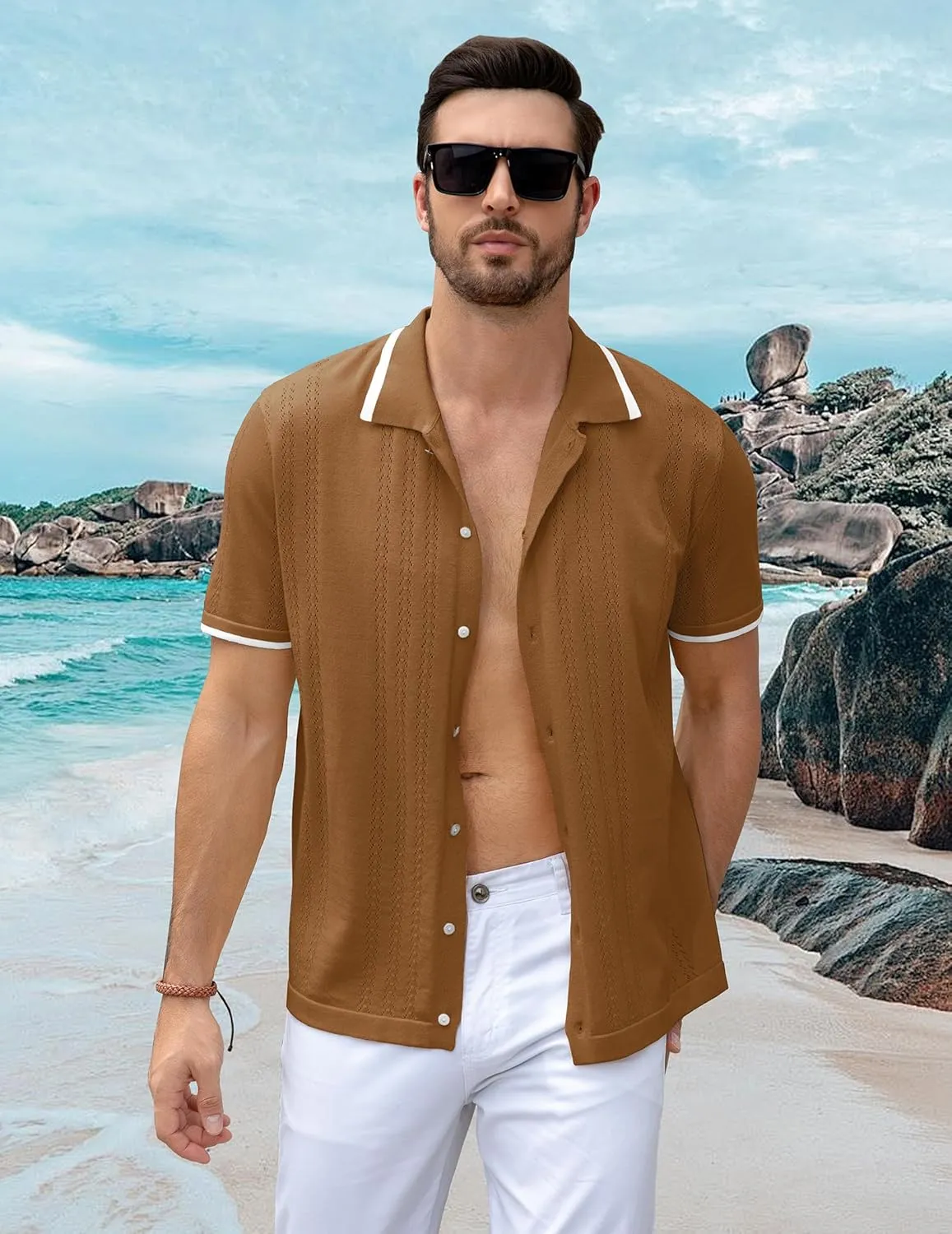 UOUA Men's Knit Button Down Shirt Short Sleeve Vintage Shirts Breathable Summer Beach Tops