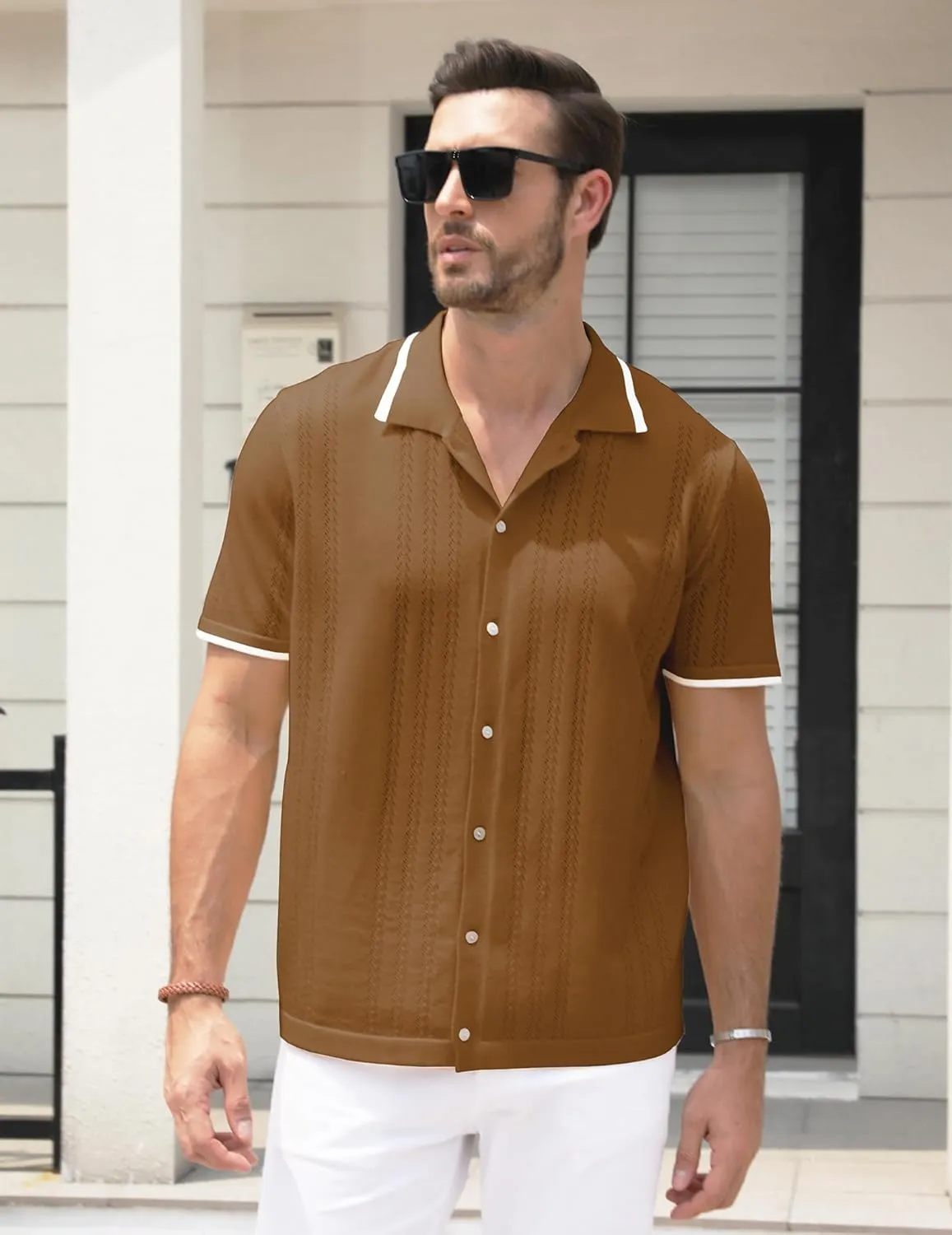 UOUA Men's Knit Button Down Shirt Short Sleeve Vintage Shirts Breathable Summer Beach Tops