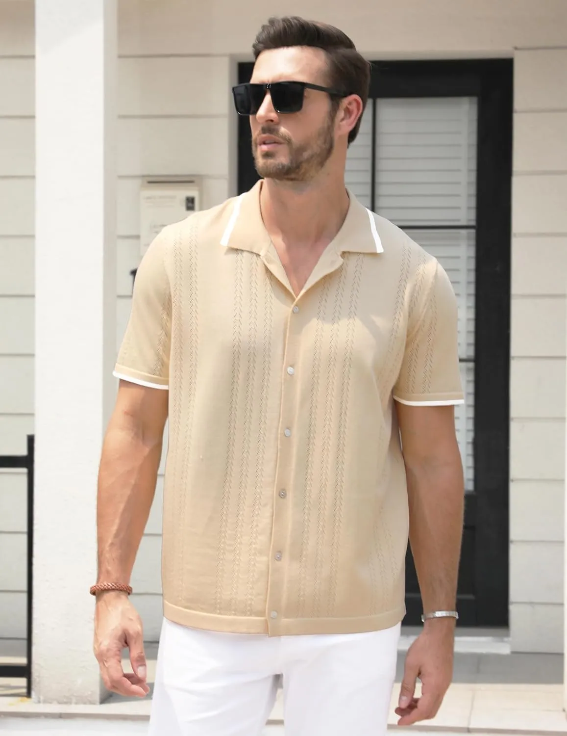 UOUA Men's Knit Button Down Shirt Short Sleeve Vintage Shirts Breathable Summer Beach Tops