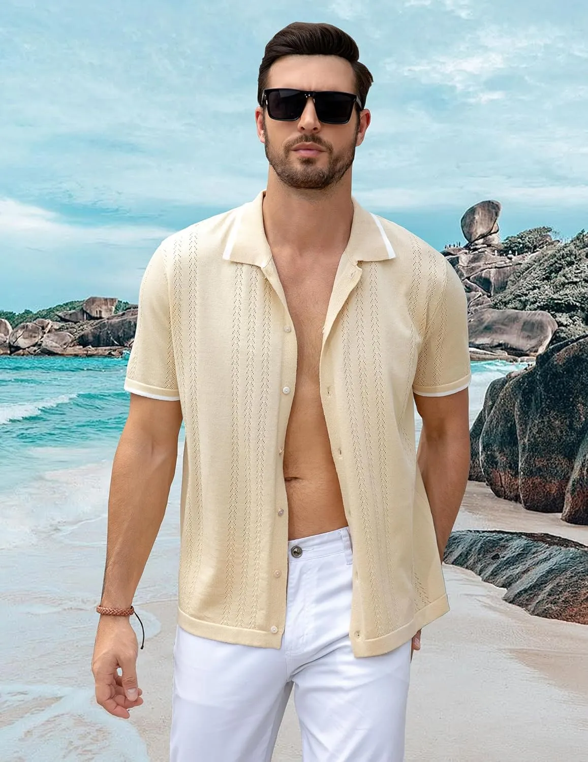 UOUA Men's Knit Button Down Shirt Short Sleeve Vintage Shirts Breathable Summer Beach Tops