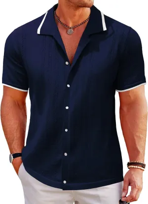 UOUA Men's Knit Button Down Shirt Short Sleeve Vintage Shirts Breathable Summer Beach Tops