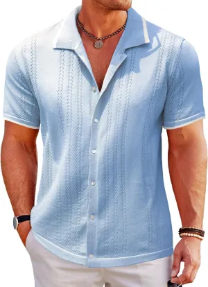 UOUA Men's Knit Button Down Shirt Short Sleeve Vintage Shirts Breathable Summer Beach Tops