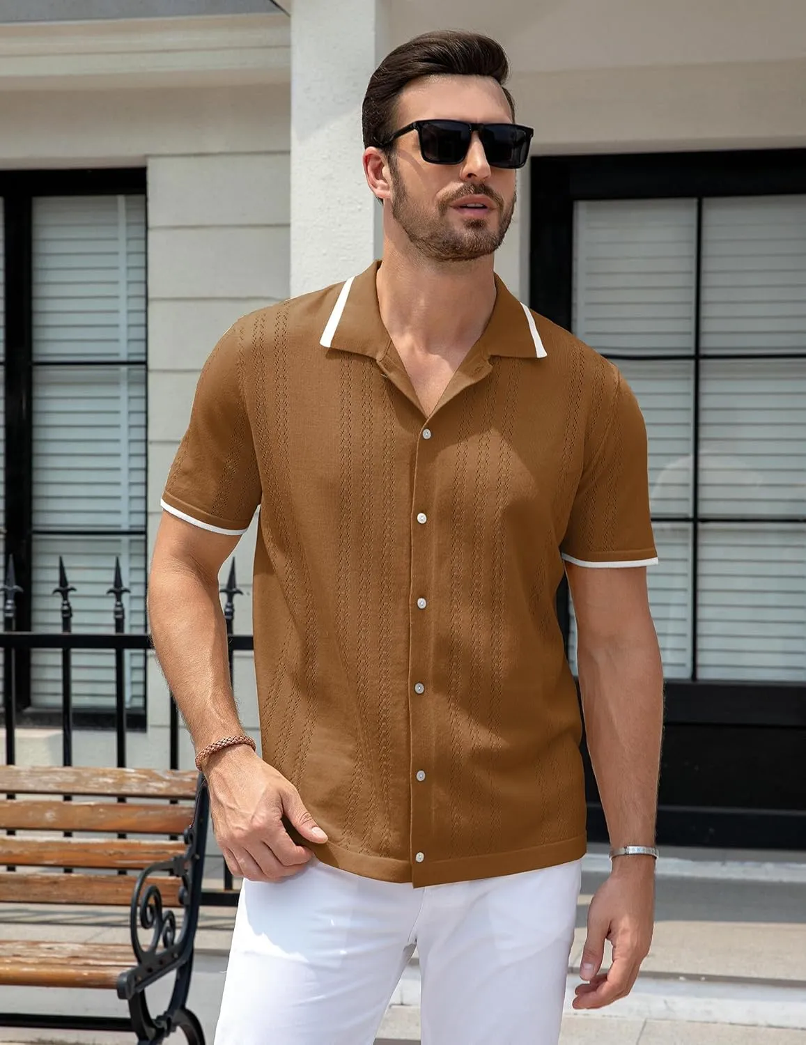 UOUA Men's Knit Button Down Shirt Short Sleeve Vintage Shirts Breathable Summer Beach Tops