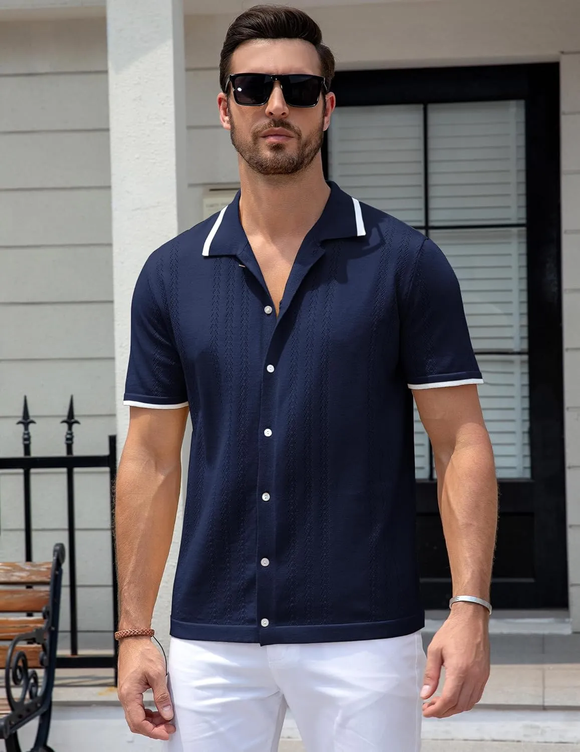 UOUA Men's Knit Button Down Shirt Short Sleeve Vintage Shirts Breathable Summer Beach Tops