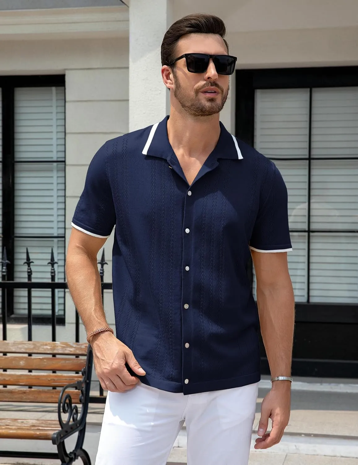 UOUA Men's Knit Button Down Shirt Short Sleeve Vintage Shirts Breathable Summer Beach Tops