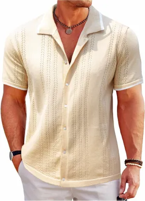 UOUA Men's Knit Button Down Shirt Short Sleeve Vintage Shirts Breathable Summer Beach Tops