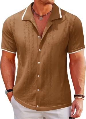 UOUA Men's Knit Button Down Shirt Short Sleeve Vintage Shirts Breathable Summer Beach Tops