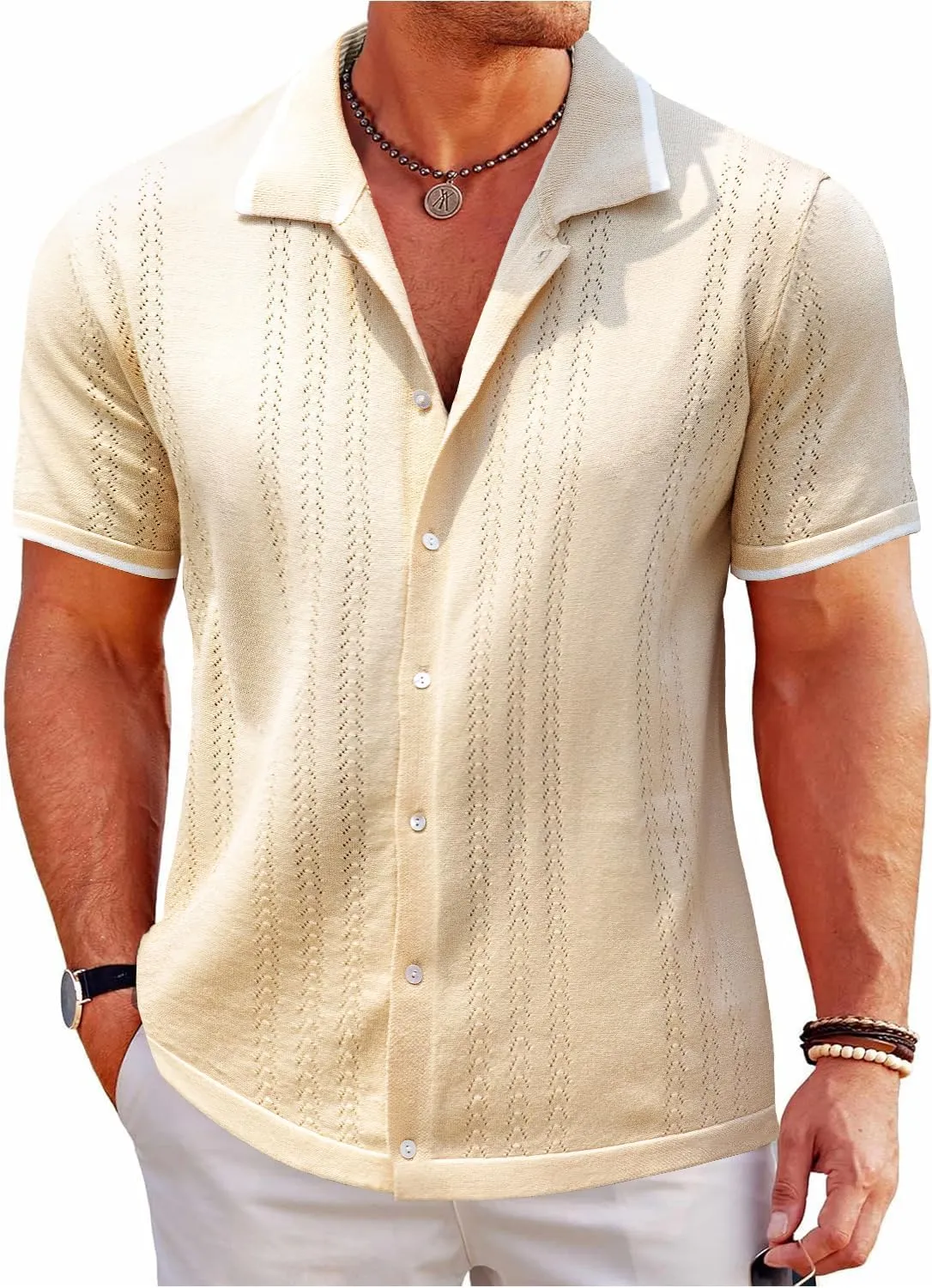 UOUA Men's Knit Button Down Shirt Short Sleeve Vintage Shirts Breathable Summer Beach Tops