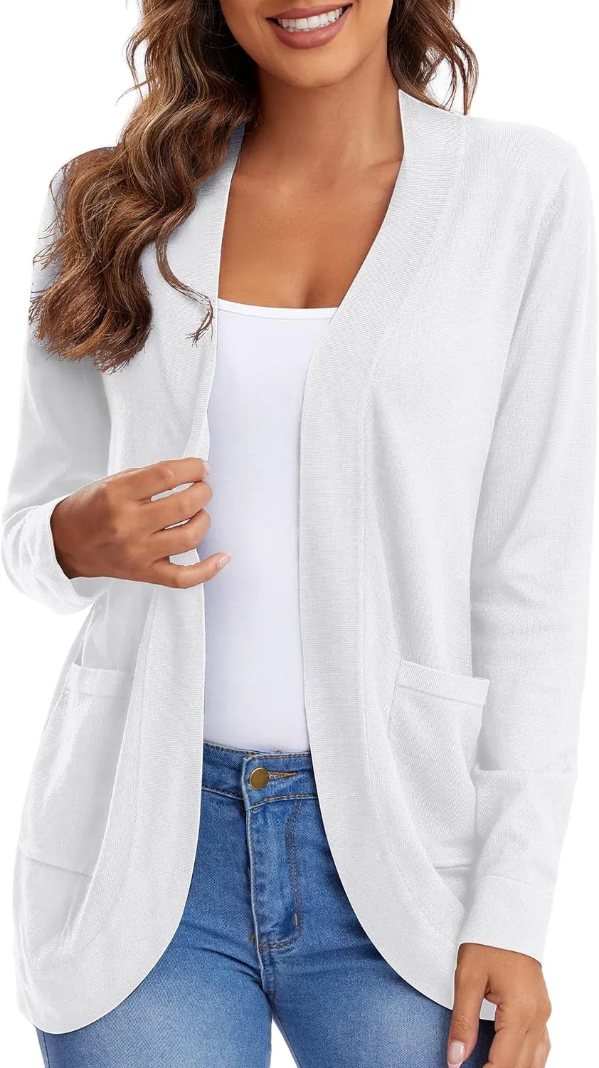 Urban CoCo Women's Long Sleeve Knit Sweater Cardigans Curved Hem Open Front with Pockets