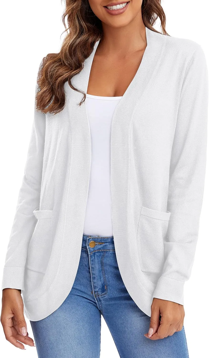 Urban CoCo Women's Long Sleeve Knit Sweater Cardigans Curved Hem Open Front with Pockets