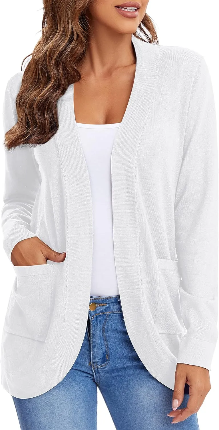 Urban CoCo Women's Long Sleeve Knit Sweater Cardigans Curved Hem Open Front with Pockets