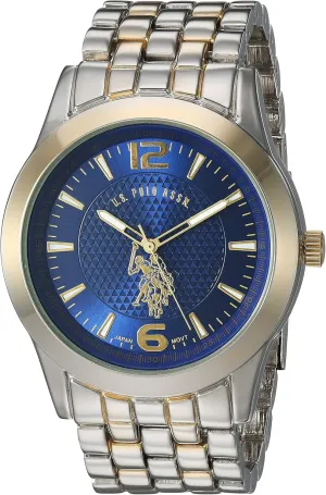 U.S. Polo Assn. Men's Analog Bracelet Watch  Blue Dial with Gold-Tone Bezel and Two-Tone Stainless Steel Band  Sleek, Durable, and Adjustable Fit for Wrists 5.5" to 8"