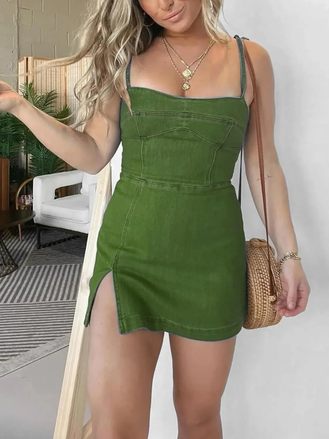 utcoco Women's 2025 Summer Tie Shoulder Denim Mini Dress Sleeveless Side Slit Bodycon Short Jean Dress