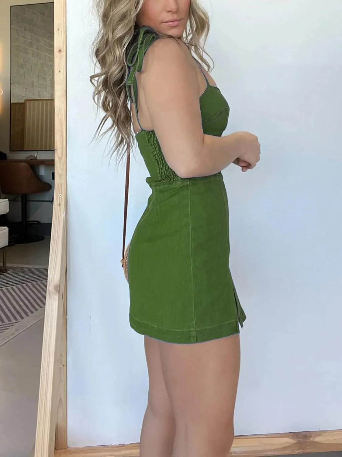 utcoco Women's 2025 Summer Tie Shoulder Denim Mini Dress Sleeveless Side Slit Bodycon Short Jean Dress