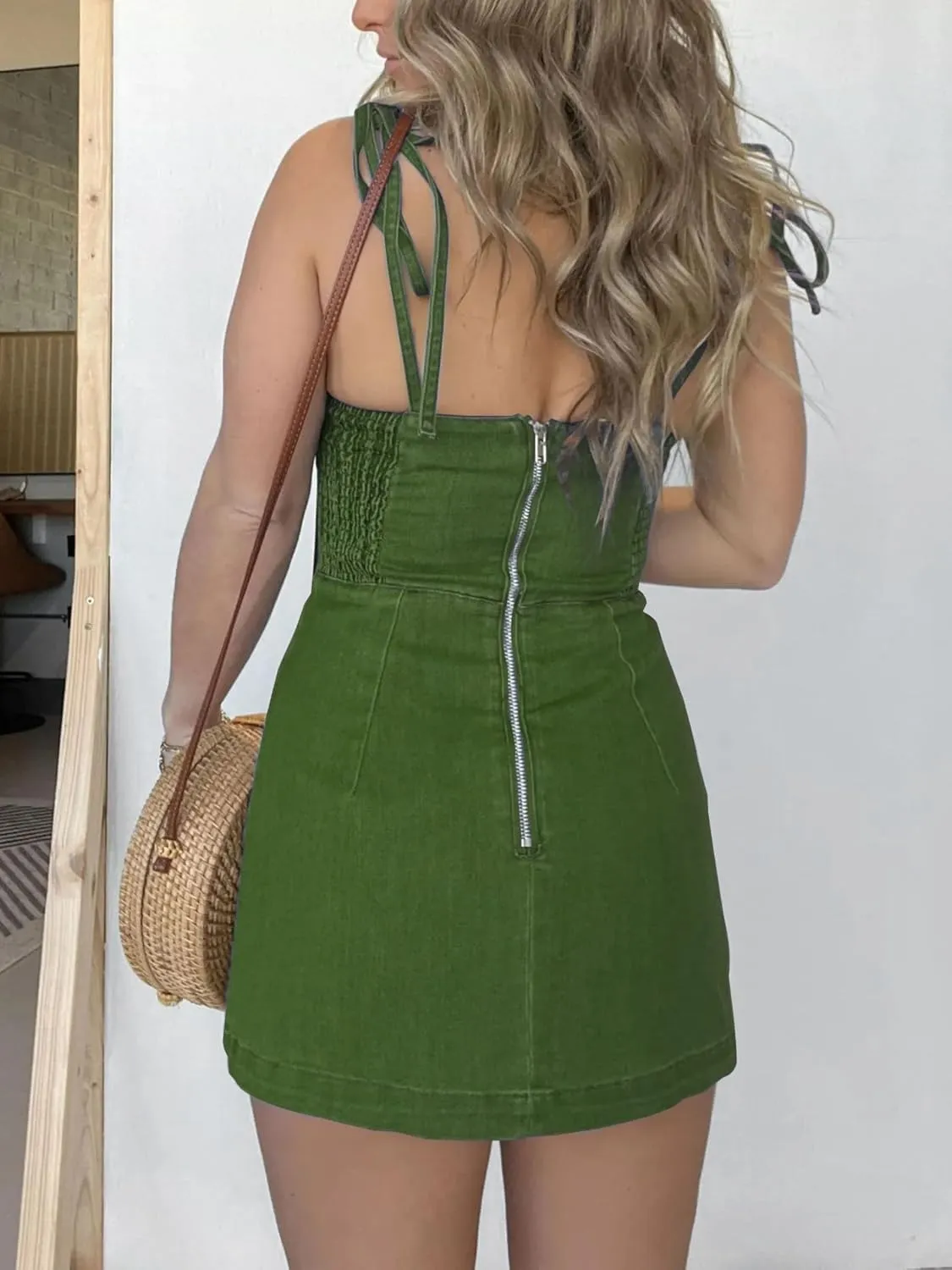 utcoco Women's 2025 Summer Tie Shoulder Denim Mini Dress Sleeveless Side Slit Bodycon Short Jean Dress