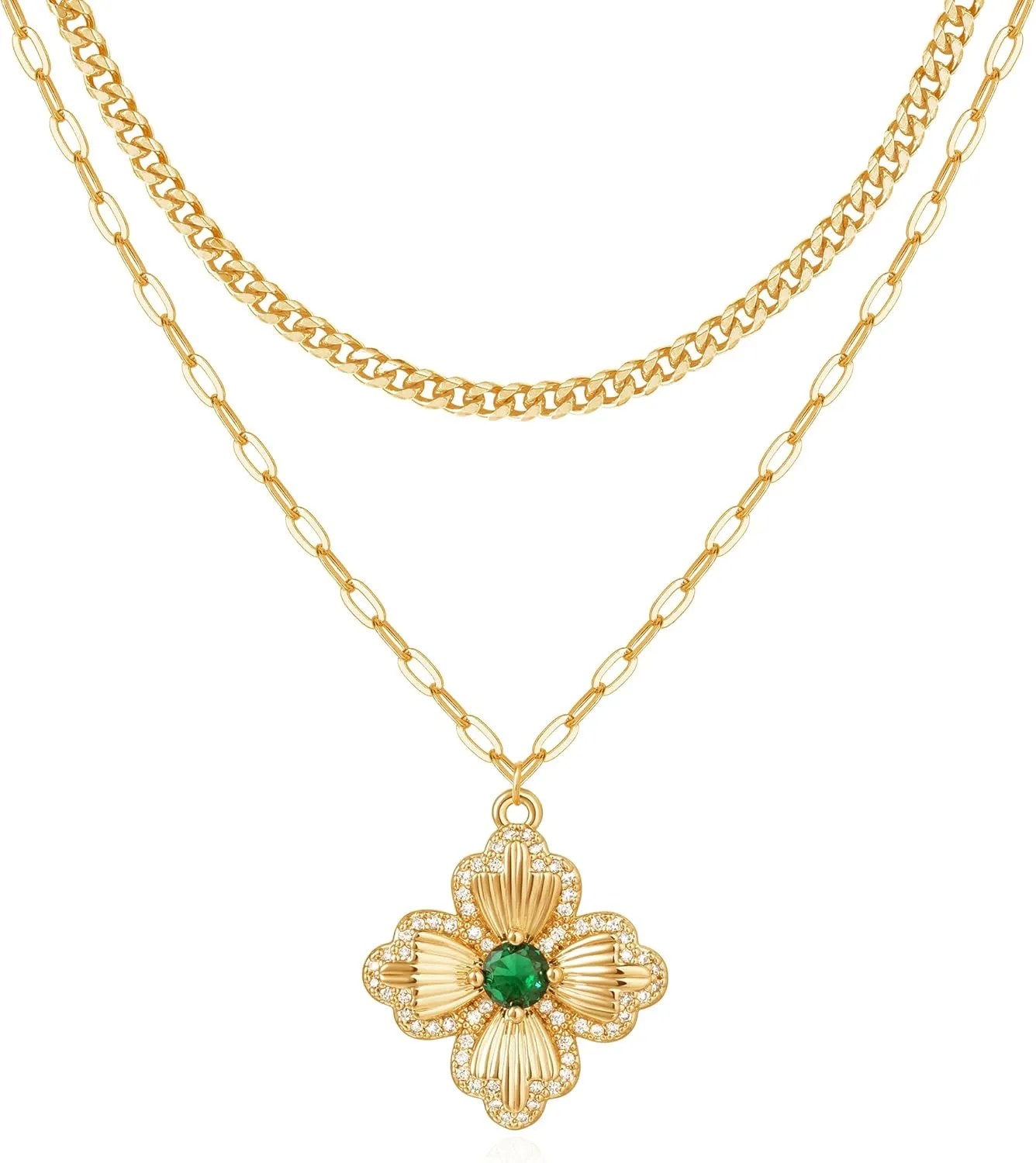 VACRONA Layered Gold Necklaces for Women 14K Gold Plated Stackable Dainty Necklace Cubic Zirconia Clover Floral Pendant Necklace Simple Chain Necklace Set Jewelry Gift for Women