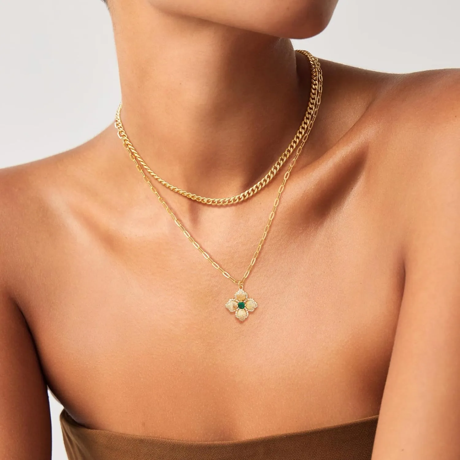 VACRONA Layered Gold Necklaces for Women 14K Gold Plated Stackable Dainty Necklace Cubic Zirconia Clover Floral Pendant Necklace Simple Chain Necklace Set Jewelry Gift for Women