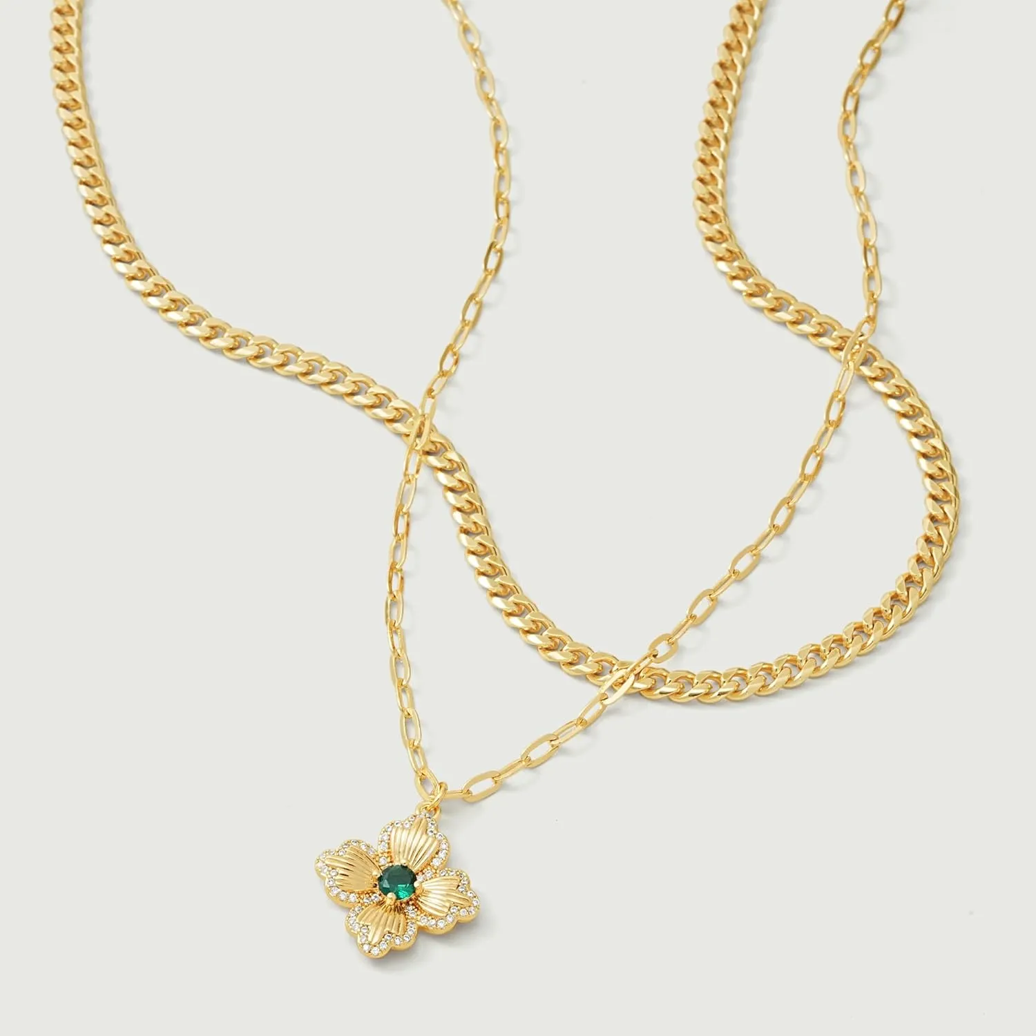 VACRONA Layered Gold Necklaces for Women 14K Gold Plated Stackable Dainty Necklace Cubic Zirconia Clover Floral Pendant Necklace Simple Chain Necklace Set Jewelry Gift for Women
