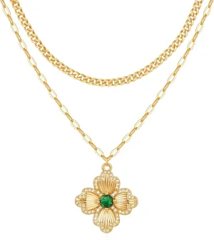 VACRONA Layered Gold Necklaces for Women 14K Gold Plated Stackable Dainty Necklace Cubic Zirconia Clover Floral Pendant Necklace Simple Chain Necklace Set Jewelry Gift for Women