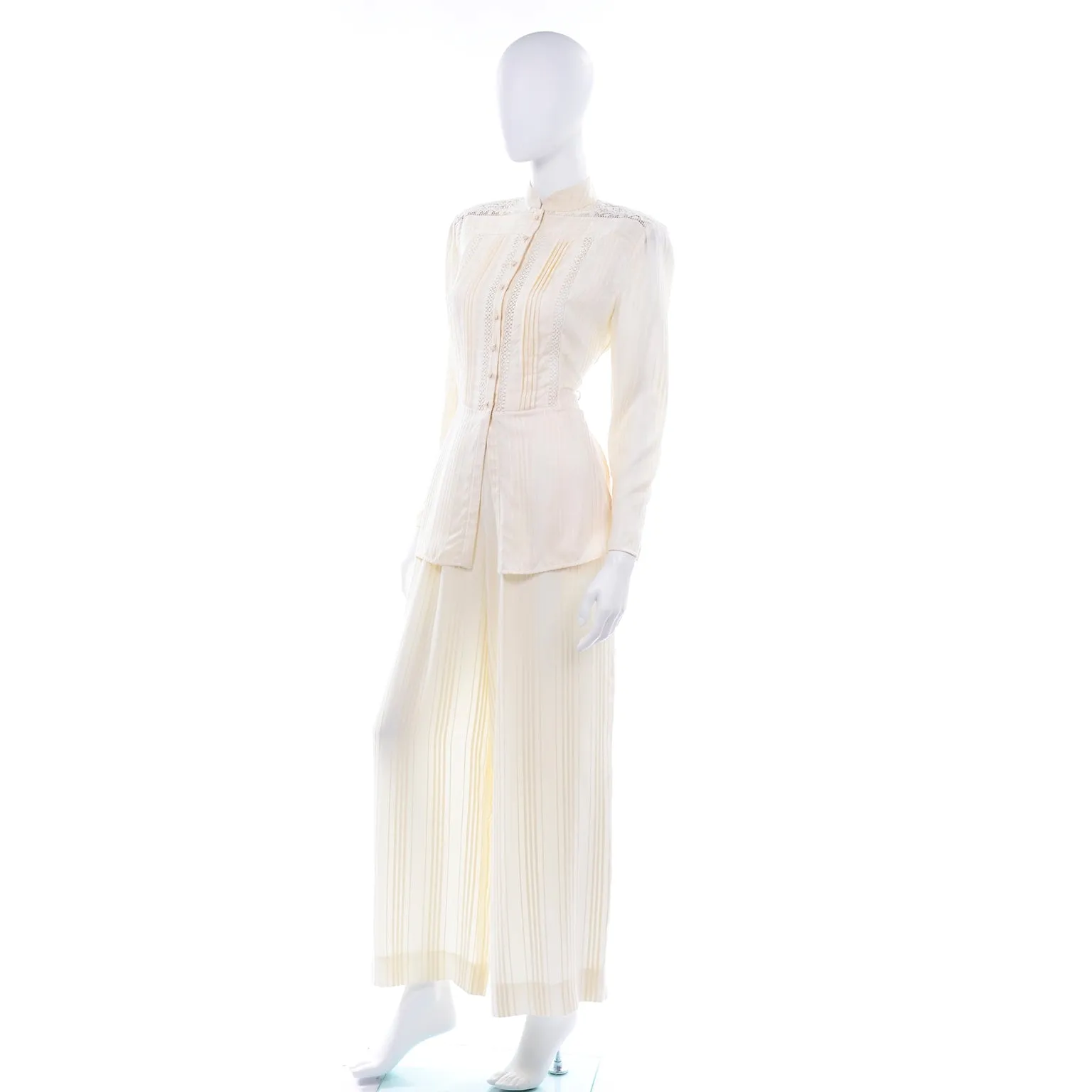 Valentino Vintage Tonal Stripe Cream Silk Wide Leg Pants & Blouse Outfit
