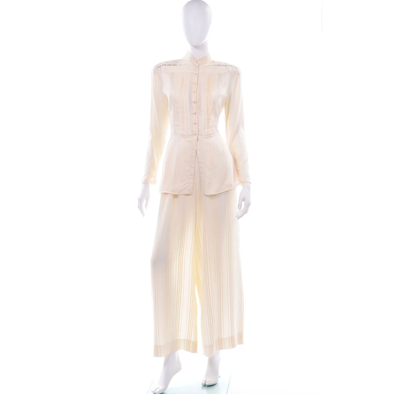 Valentino Vintage Tonal Stripe Cream Silk Wide Leg Pants & Blouse Outfit