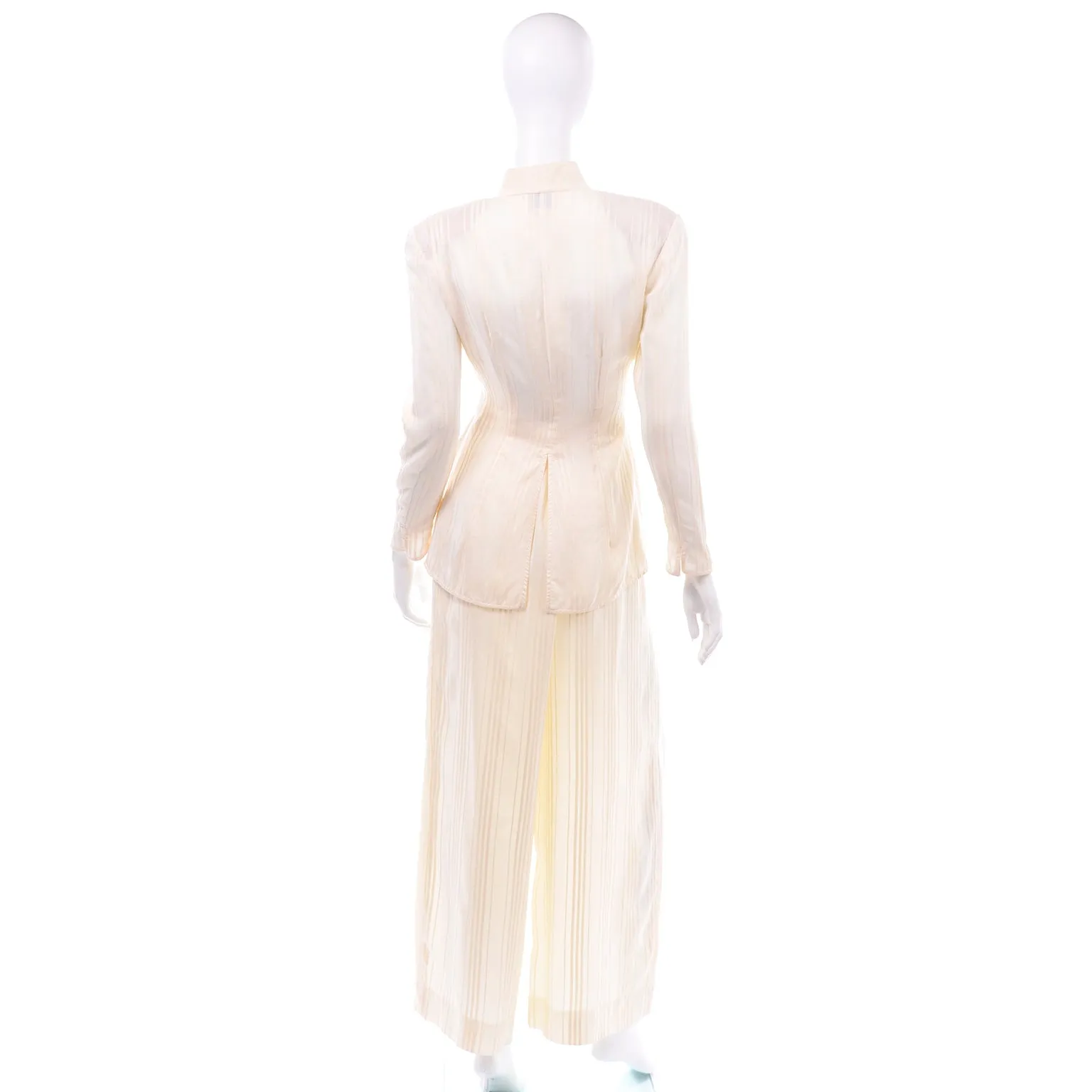Valentino Vintage Tonal Stripe Cream Silk Wide Leg Pants & Blouse Outfit