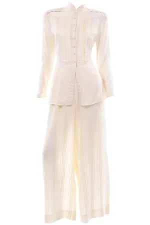 Valentino Vintage Tonal Stripe Cream Silk Wide Leg Pants & Blouse Outfit