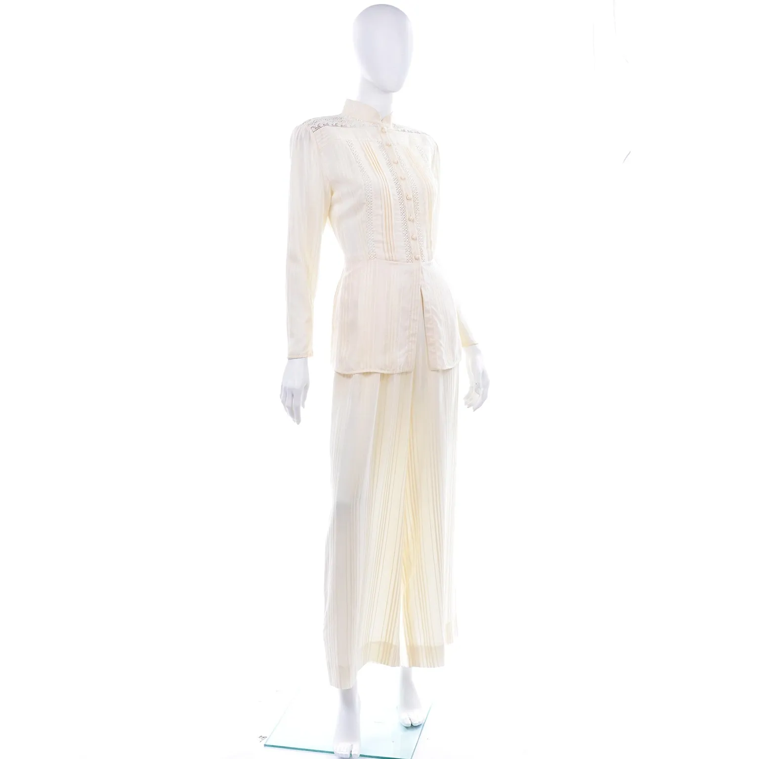 Valentino Vintage Tonal Stripe Cream Silk Wide Leg Pants & Blouse Outfit