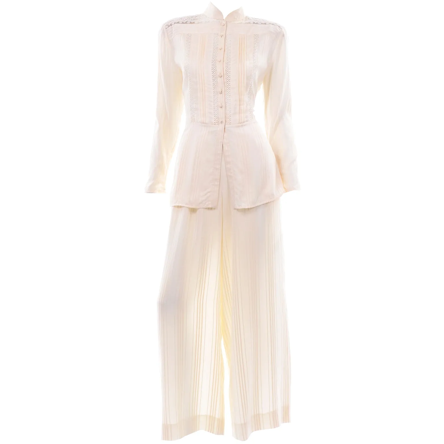 Valentino Vintage Tonal Stripe Cream Silk Wide Leg Pants & Blouse Outfit