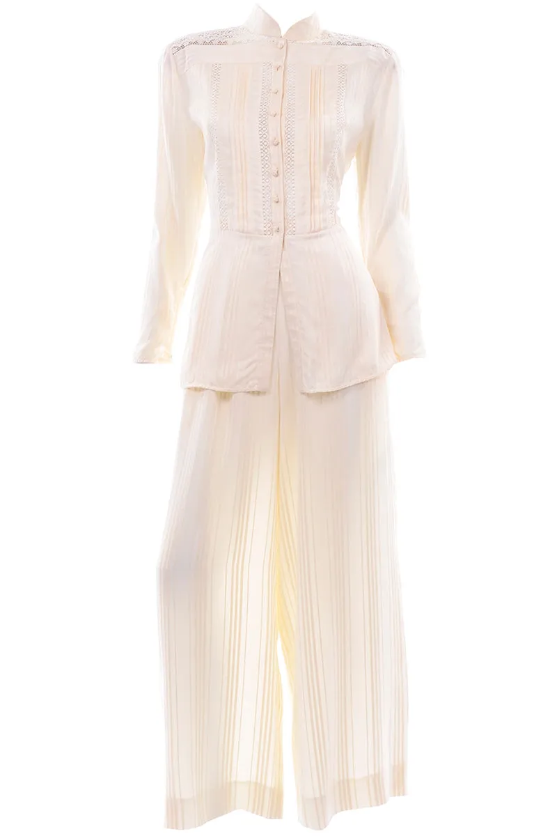 Valentino Vintage Tonal Stripe Cream Silk Wide Leg Pants & Blouse Outfit