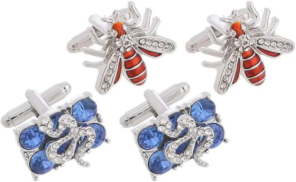 VALICLUD 2 Pairs Cufflinks and Studs for Men Snake Bee Cuff Links Vintage Cuff Links Rhinestone Shirt Studs Clothes Jewelry for Mens Shirts