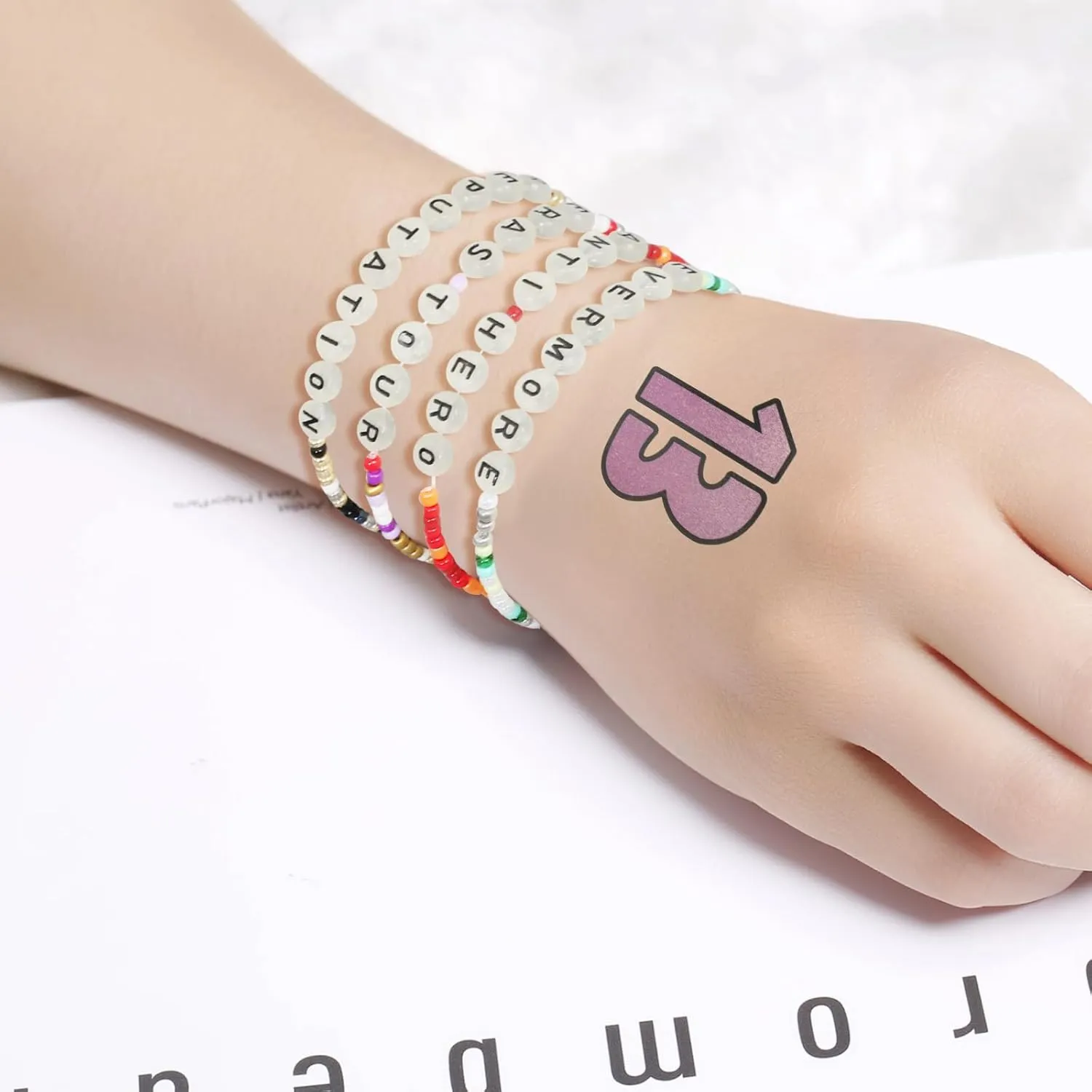 Vefungyan Friendship Beaded Bracelet with stickers: women Fearless Inspired Colorful Stretch Merchandise Charm Bracelet for Concert Outfit Gifts