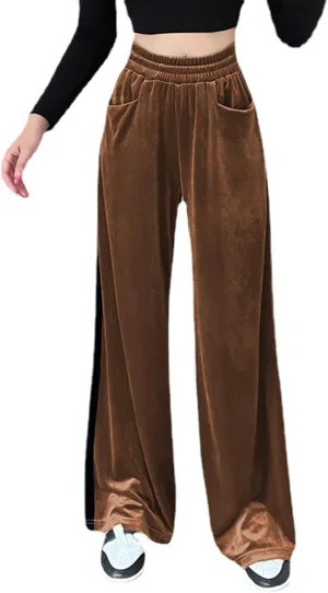 Velvet Pants Women Stretchy Wide Leg Lounge Baggy Pants with Pockets Loose Casual Elastic High Waisted Palazzo Pants