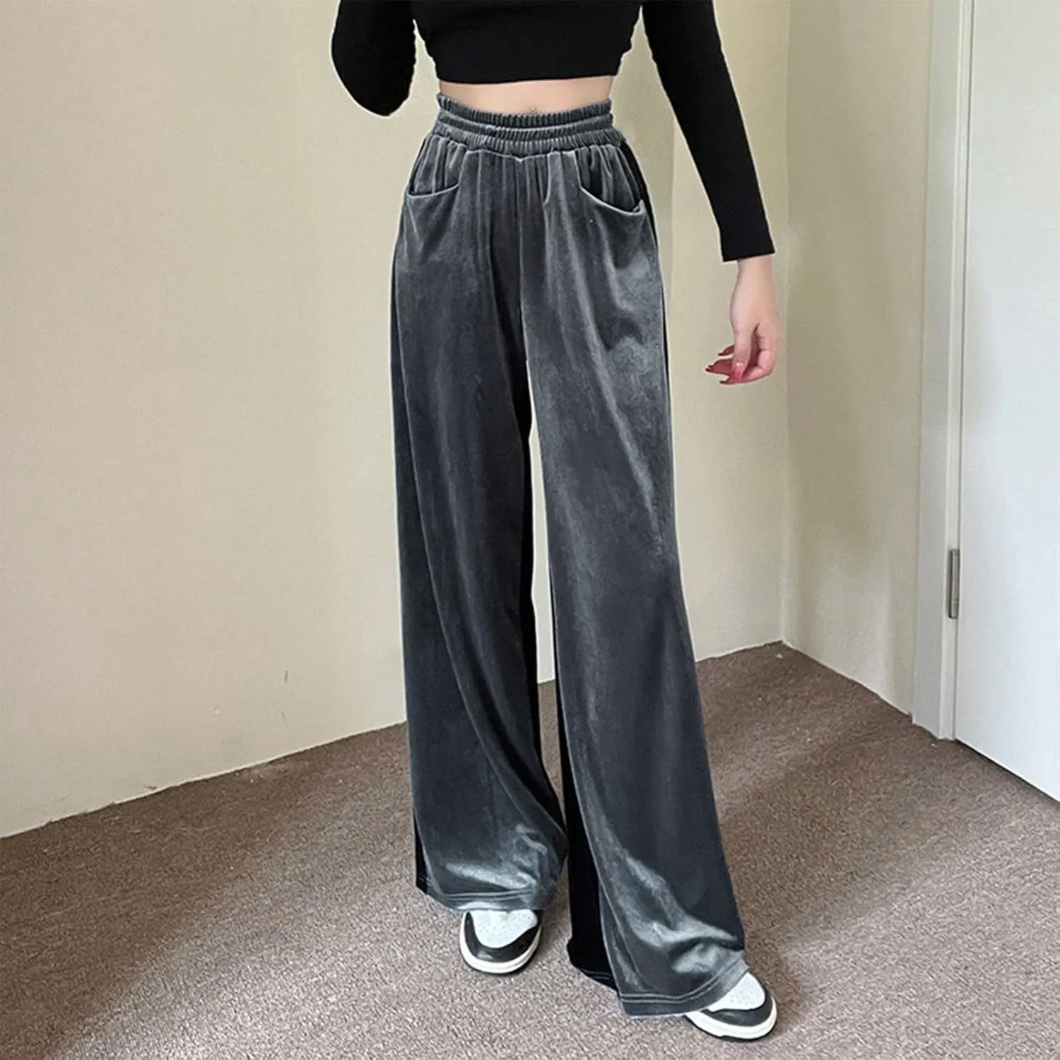 Velvet Pants Women Stretchy Wide Leg Lounge Baggy Pants with Pockets Loose Casual Elastic High Waisted Palazzo Pants