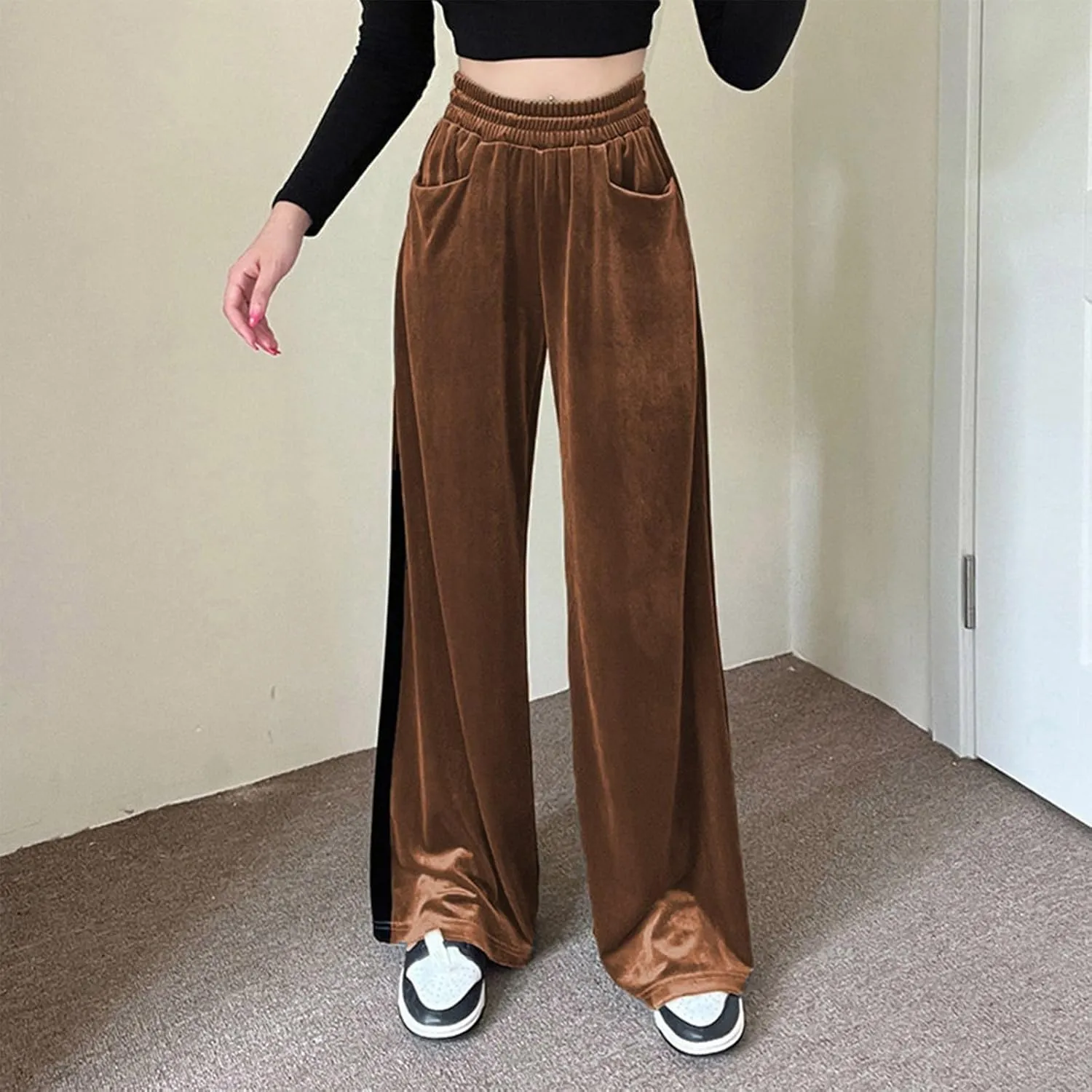 Velvet Pants Women Stretchy Wide Leg Lounge Baggy Pants with Pockets Loose Casual Elastic High Waisted Palazzo Pants