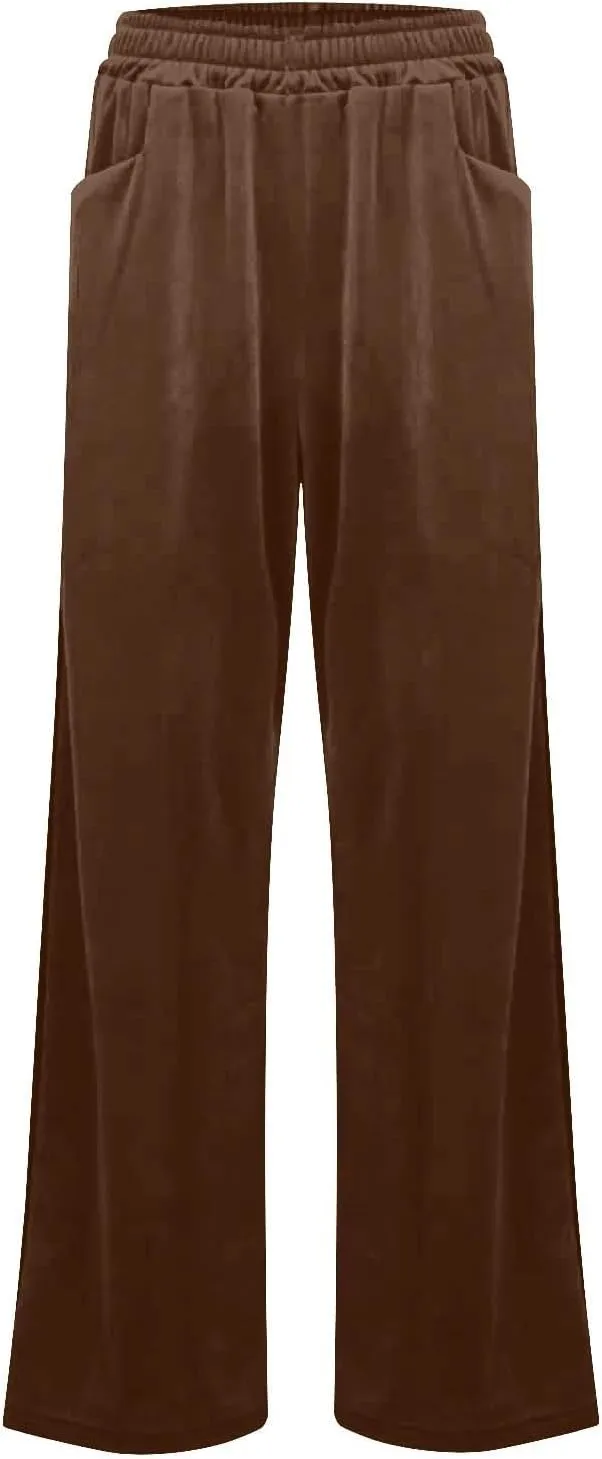 Velvet Pants Women Stretchy Wide Leg Lounge Baggy Pants with Pockets Loose Casual Elastic High Waisted Palazzo Pants