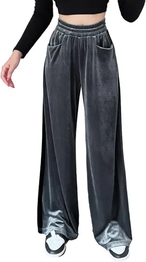 Velvet Pants Women Stretchy Wide Leg Lounge Baggy Pants with Pockets Loose Casual Elastic High Waisted Palazzo Pants