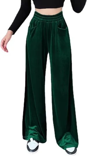 Velvet Pants Women Stretchy Wide Leg Lounge Baggy Pants with Pockets Loose Casual Elastic High Waisted Palazzo Pants