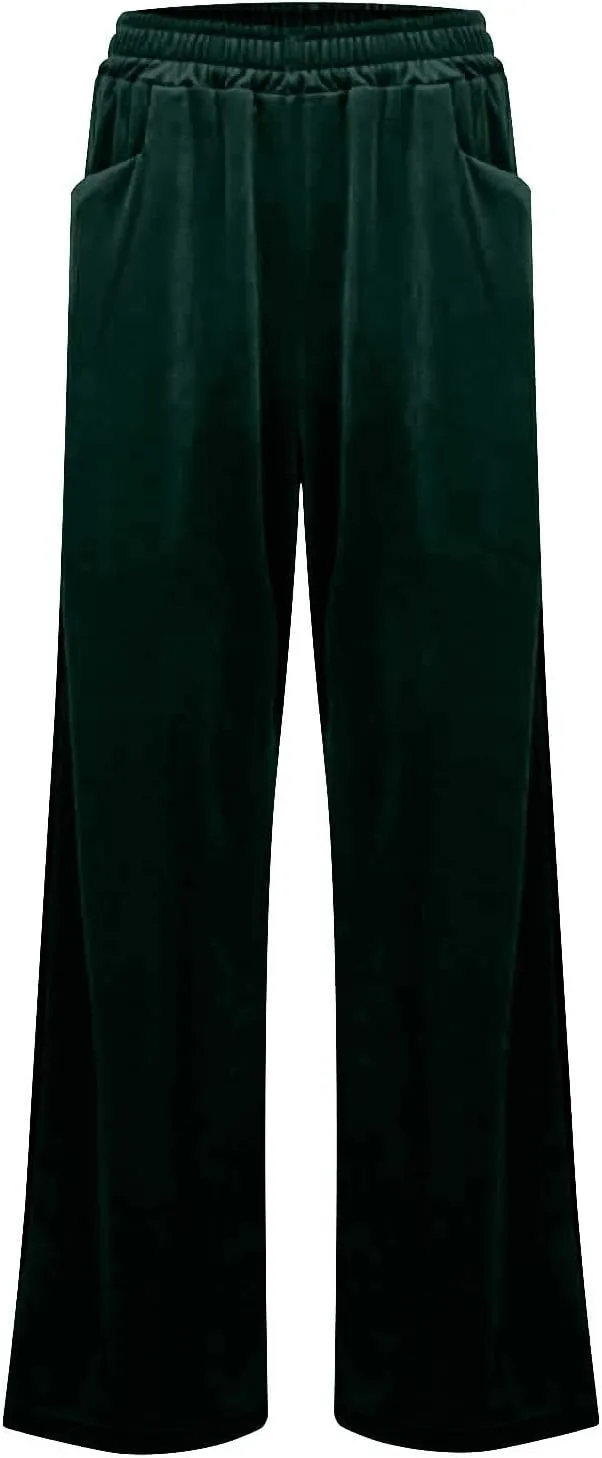 Velvet Pants Women Stretchy Wide Leg Lounge Baggy Pants with Pockets Loose Casual Elastic High Waisted Palazzo Pants