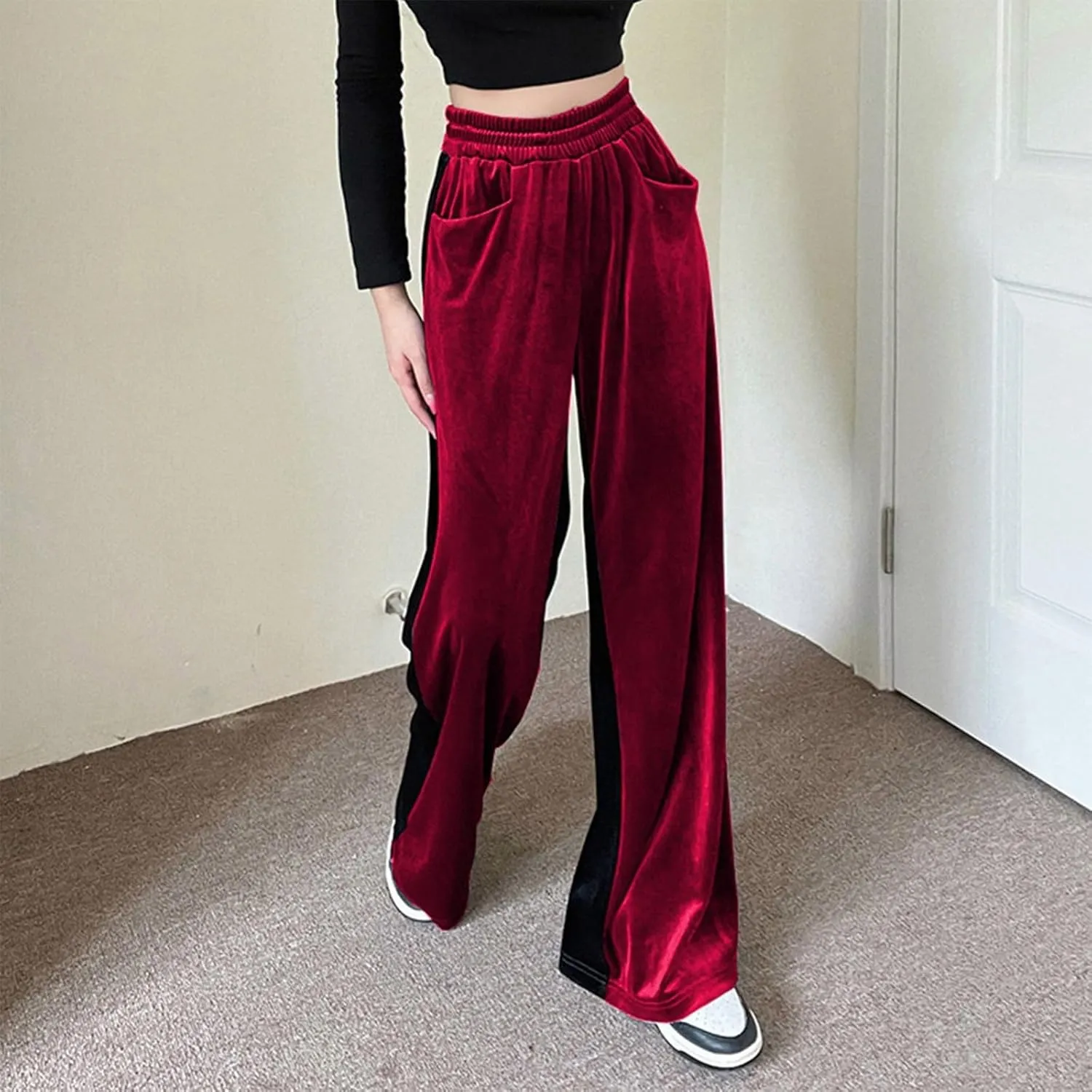 Velvet Pants Women Stretchy Wide Leg Lounge Baggy Pants with Pockets Loose Casual Elastic High Waisted Palazzo Pants