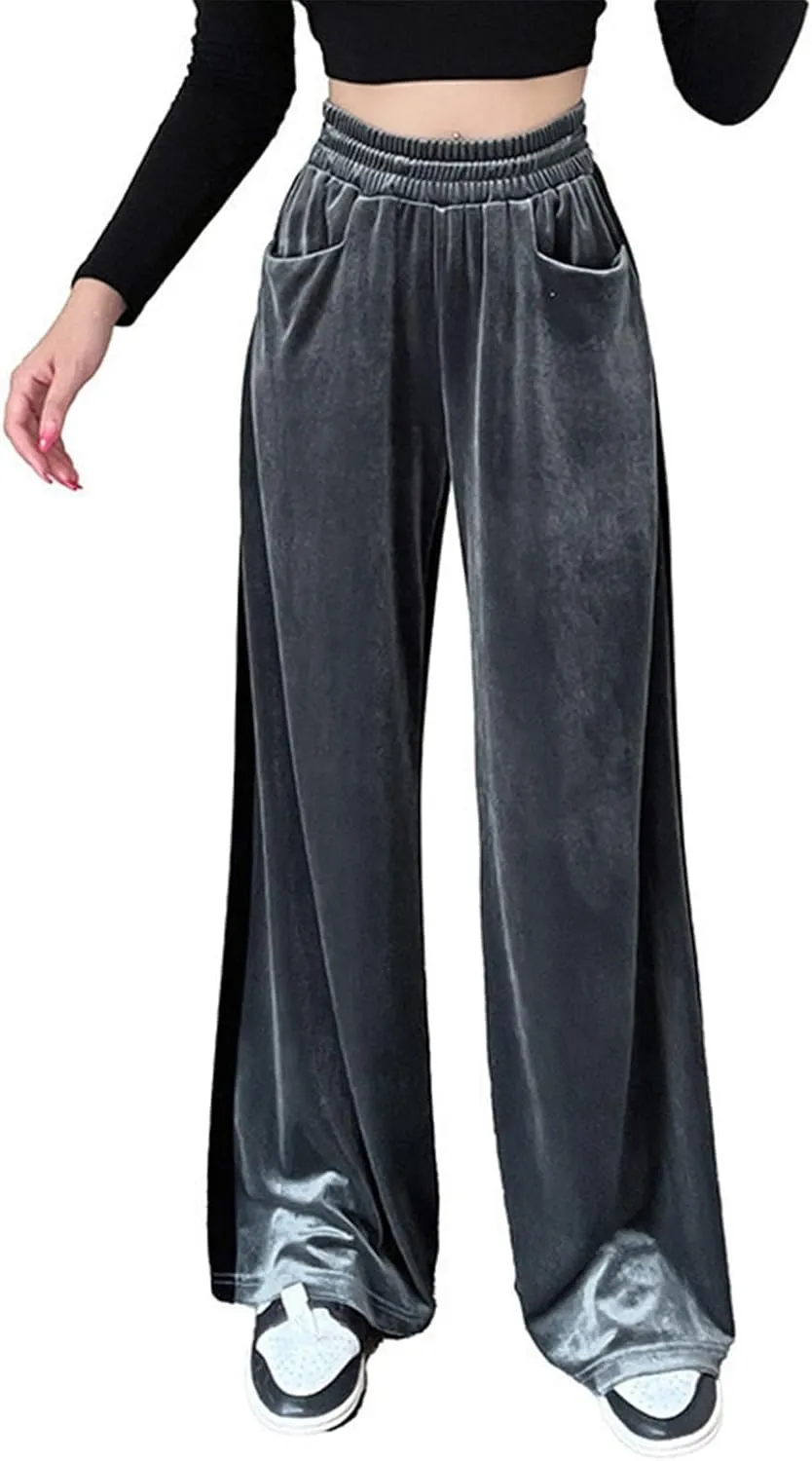 Velvet Pants Women Stretchy Wide Leg Lounge Baggy Pants with Pockets Loose Casual Elastic High Waisted Palazzo Pants