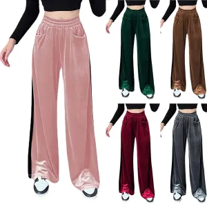 Velvet Pants Women Stretchy Wide Leg Lounge Baggy Pants with Pockets Loose Casual Elastic High Waisted Palazzo Pants