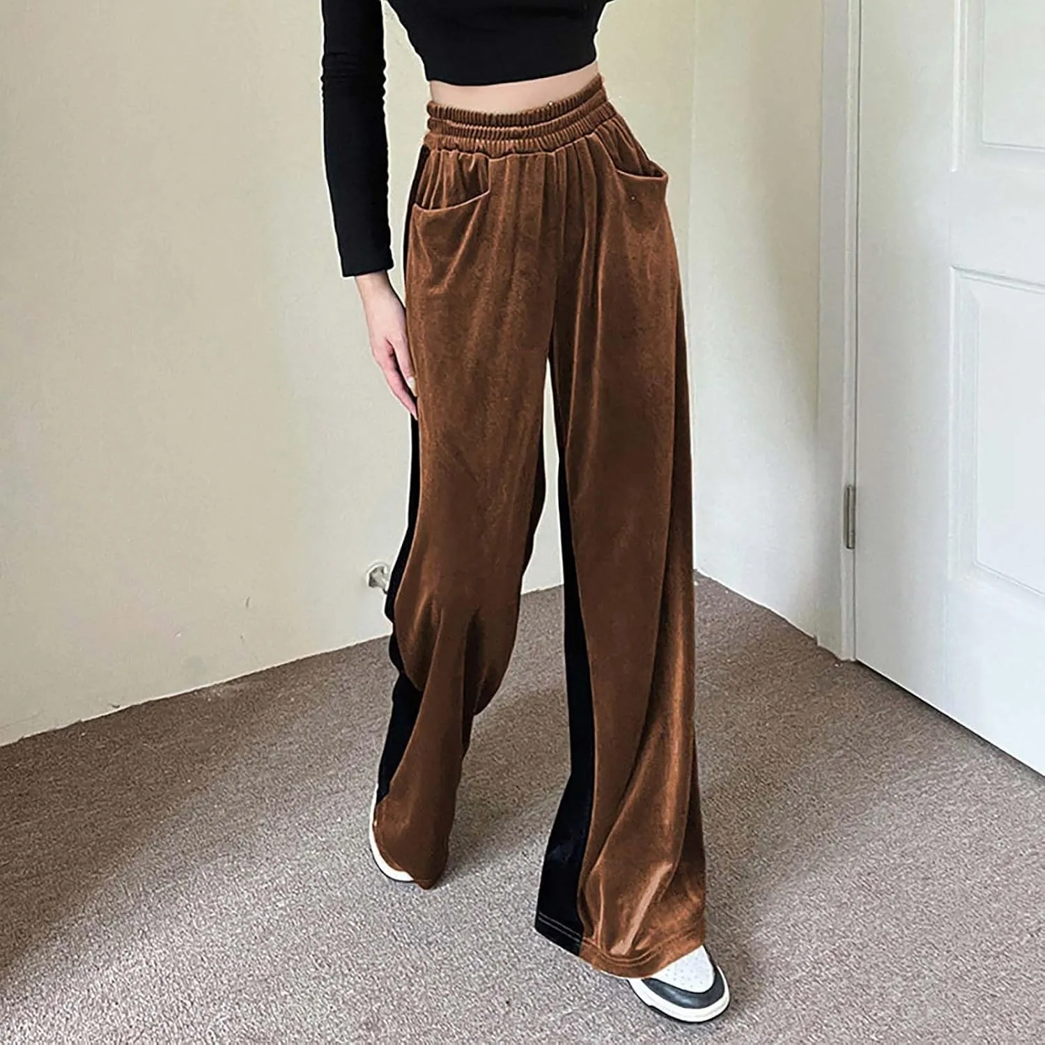 Velvet Pants Women Stretchy Wide Leg Lounge Baggy Pants with Pockets Loose Casual Elastic High Waisted Palazzo Pants