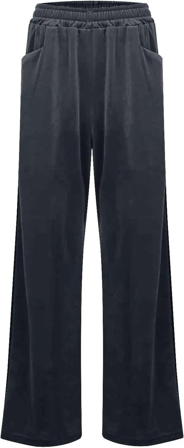 Velvet Pants Women Stretchy Wide Leg Lounge Baggy Pants with Pockets Loose Casual Elastic High Waisted Palazzo Pants